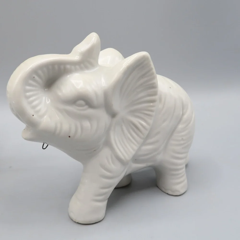 2 White Ceramic Elephant Figurine Trunk Up‎ Tusks 6in & 4in Lot of 2 set